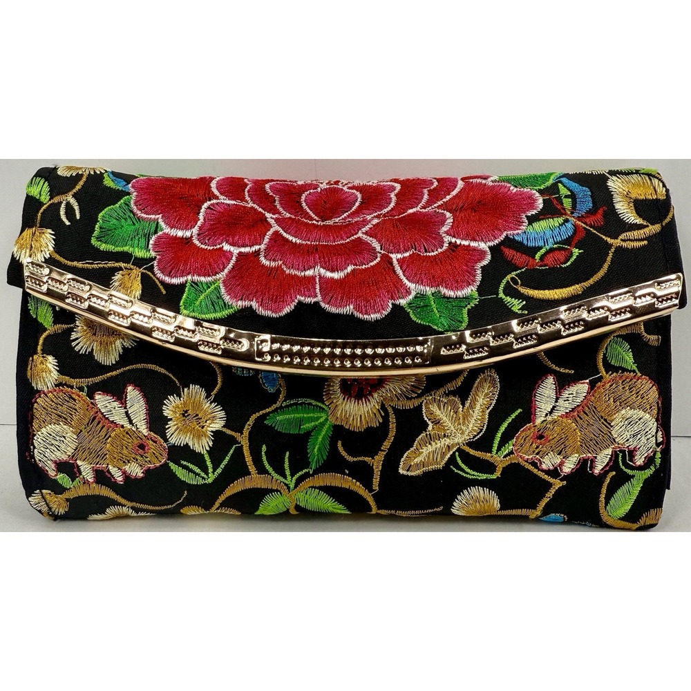 Floral Embroidered Black Fabric Clutch Purse w/ Rabbit Motif Crossbody Strap‎ - Picture 3 of 15